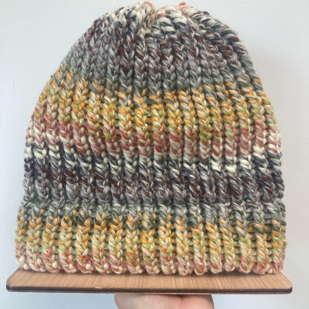 Hand knit beanie earth tones